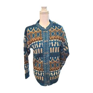 Norwegian Vintage Patterned Knit Cardigan Sweater, Large